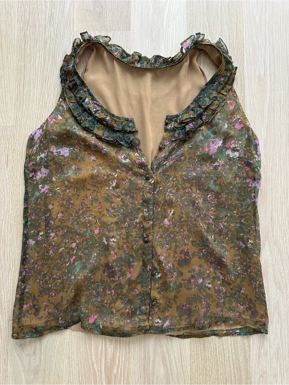J. Crew - Olive Green Floral Ruffle-Trim Sleeveless Camisole - Size Large